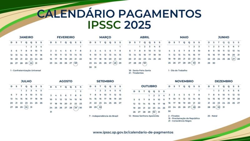 O IPSSC divulga aos seus segurados aposentados e pensionistas e aos seus servidores ativos a data prevista para os pagamentos de benefícios previdenciários e remunerações em 2025.